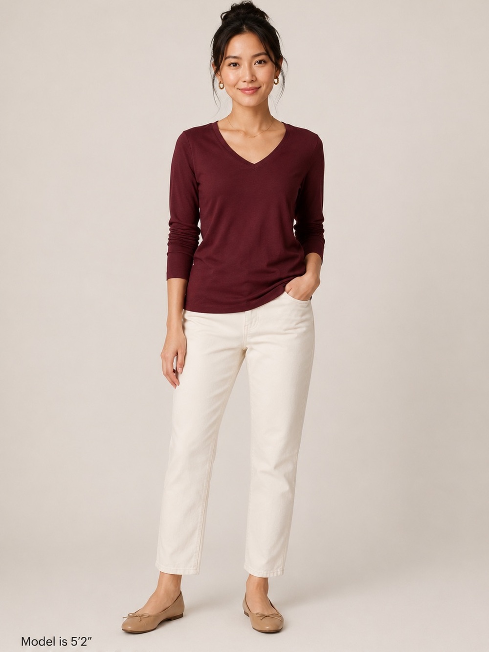 Banana Republic Women's Long Sleeve V-Neck Top - Burgundy